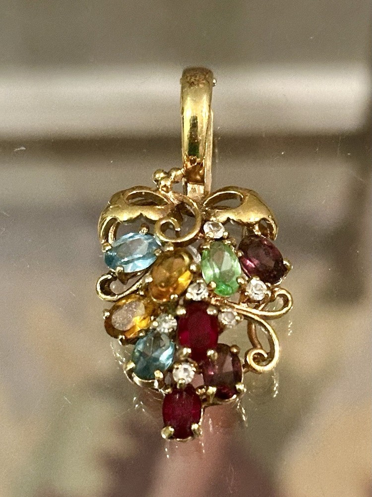 Vintage Gold Tone Fruit Salad Grape Cluster Pendant Prong Set Rhinestones 1 1/2”