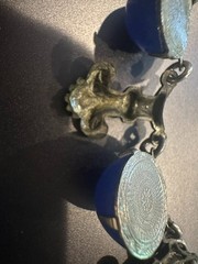 Vintage Cobalt Blue Glass Cabochon Fleur de Lis Silver Tone Link Necklace