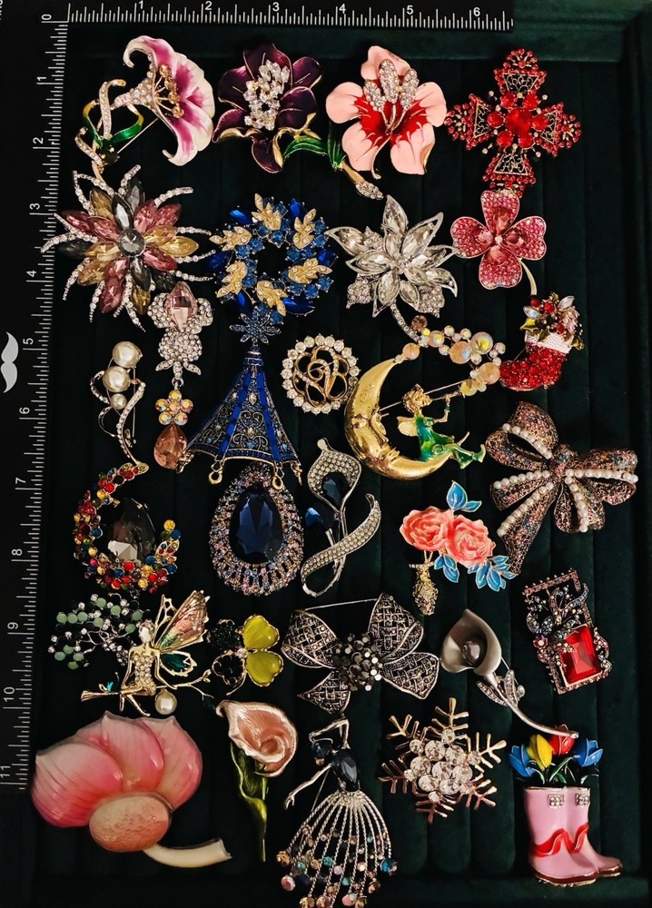 30pc Statement Brooch Pin Lot Rhinestone Enamel Floral Fairy Bow