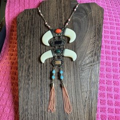 Antique Gold BOHO Tribal Totem Faux Bone TasselS Necklace