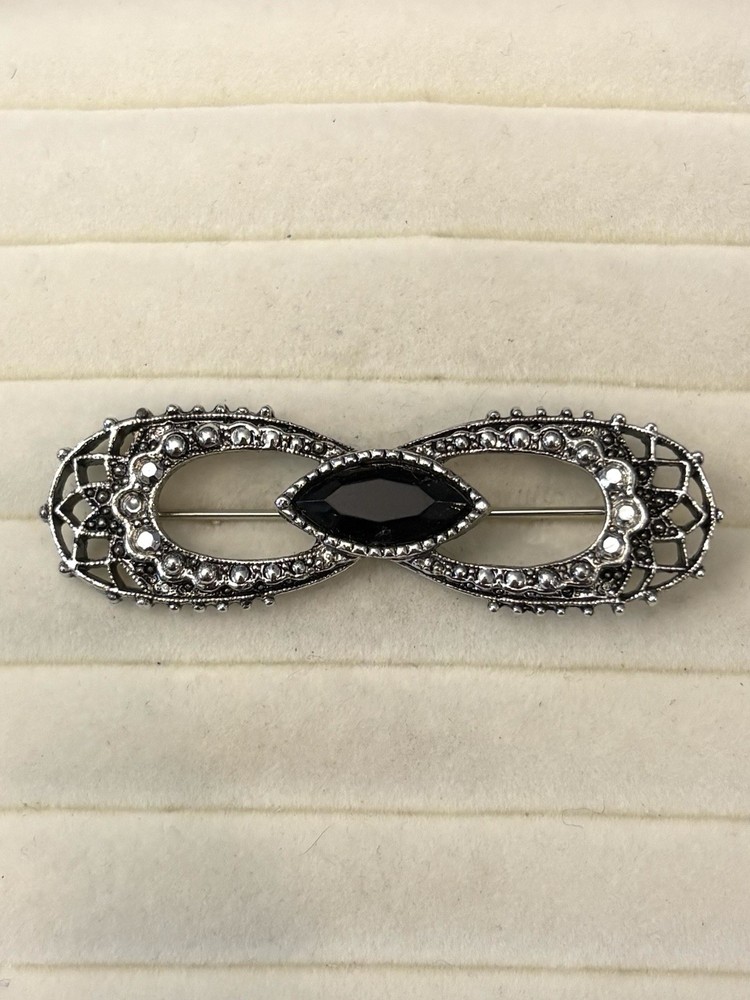 Vintage Silver Tone Bow Brooch Black Silver Rhinestones Elegant Formal 2.25 In