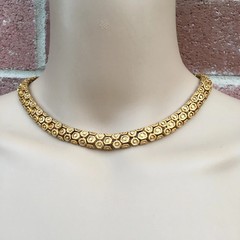 Vintage Gold Tone Hexagon Cluster Pattern Chunky Necklace and Matching Earrings