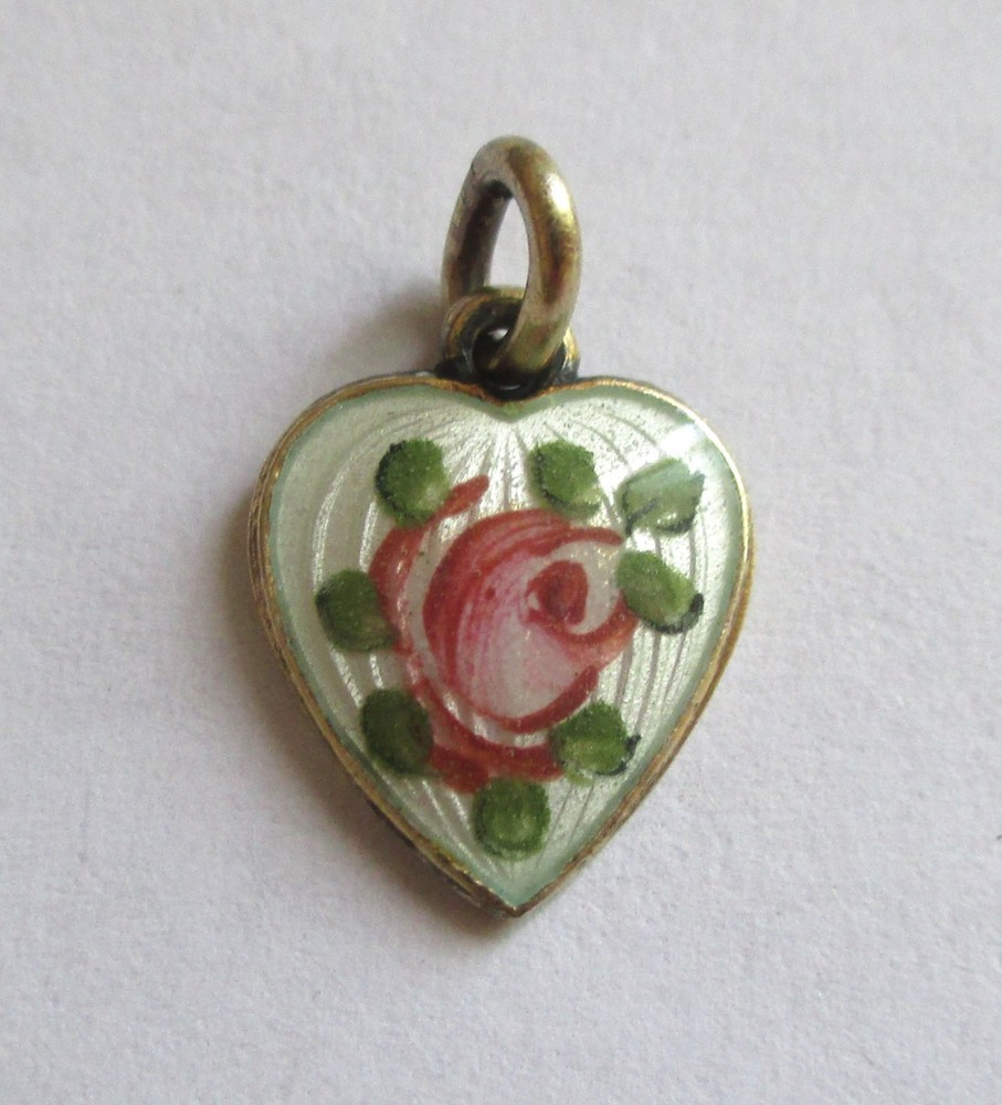 1/2in SMALL VINTAGE STERLING SILVER ENAMEL ROSE FLOWER HEART CHARM Gold Wash