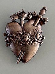 Antique Art Nouveau European Sacred Heart Charm Pendant Roses Swords 4 Grams