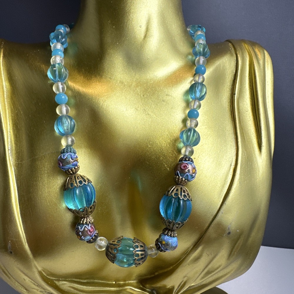 15 Inch Antique Blue Glass Wedding Cake Murano 15 Inch Necklace