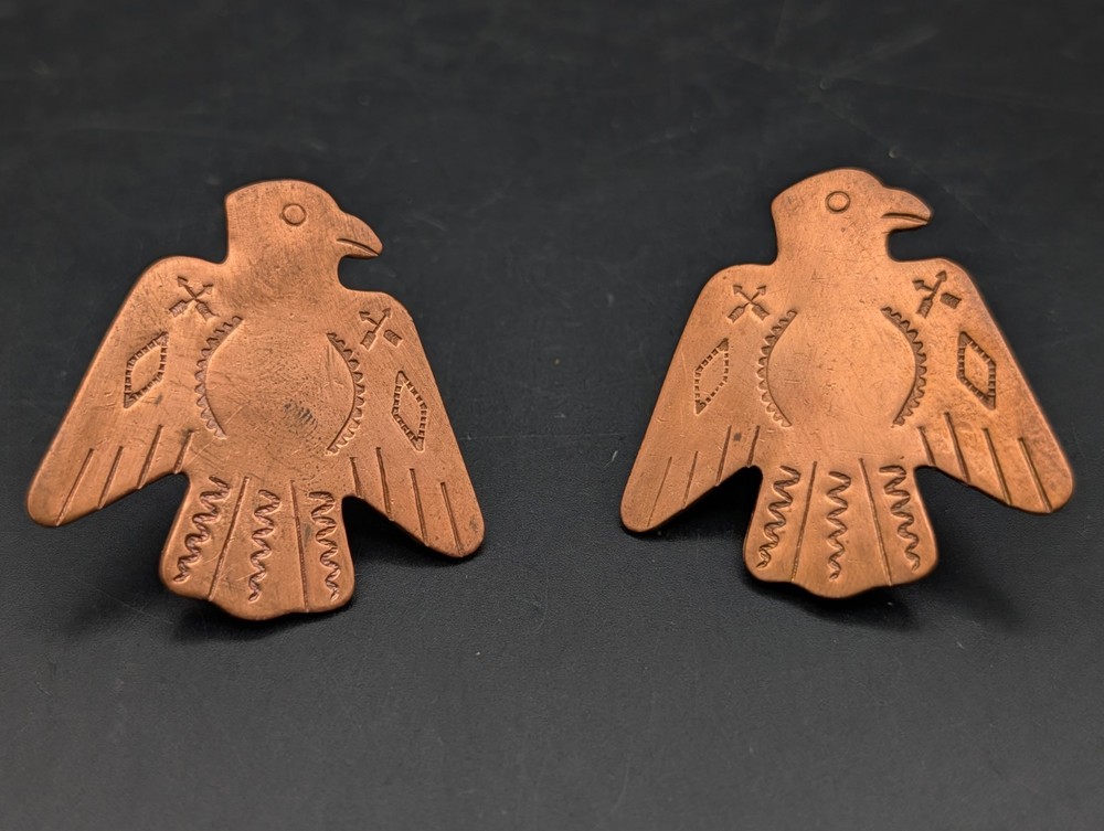 Vintage Copper Thunderbird Screw Back Earrings Southwestern Stamped Design