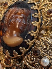 Vintage Victorian Revival Cameo Necklace Amber Rhinestones Filigree box clasp