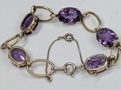 835 Silver Amethyst Bracelet Earring Set 7″ Mid Century Screw Back