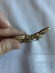 Vintage Rhinestone Butterfly Brooch Aqua Teal Gold Tone Mid Century Style