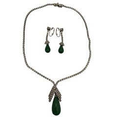 Vintage Signed Kramer Green Faux Jade Teardrop Necklace Earrings Set Rhinestones