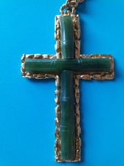 Vintage Signed SWOBODA Likely Jade Cross Pendant Chain Necklace Large 2.5in