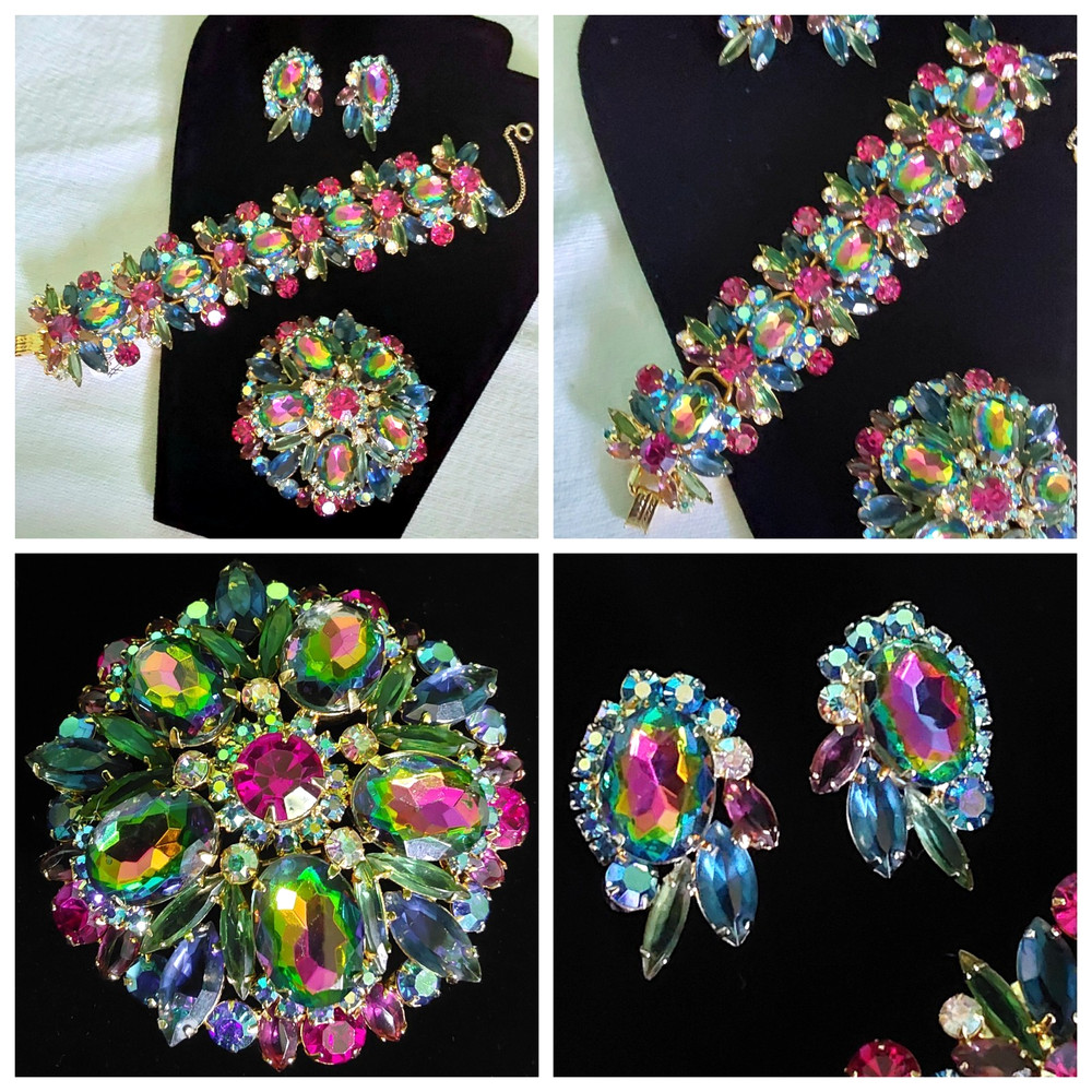 Juliana Rhinestone BRACELET BROOCH EARRING SET Book Pcs Watermelon Vitrail Rare