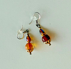 Amber Aurora Borealis Fire Polish Crystals Dangle Vintage Earrings Silver Wires