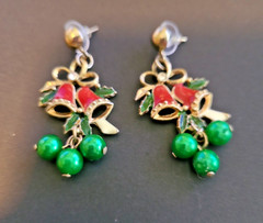 Vtg Christmas Bells Pierced post Earrings Dangle Balls Red Green Grannycore