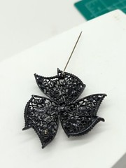 Vintage Jewelry Brooch Pin Classic Black Jet Rhinestone Enameled Black Bow 3″