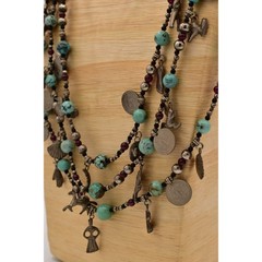 Vintage Beaded Charm Necklace Heavy Layered Turquoise Coin Antiqued Chunky BinBJ