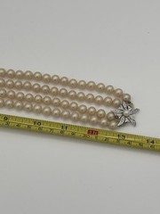 Vintage Hand Knotted Faux Pearl Double Strand Rhinestone Floral Clasp Necklace