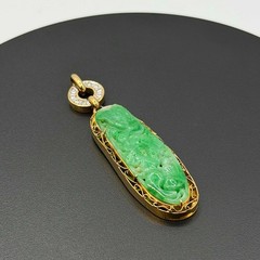 Vtg Chinese Mottled Green Jadeite Pendant w 14K Gold & Diamond Bale (AHB) 405