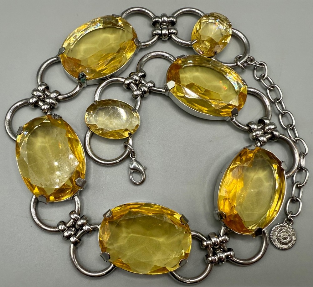 GRAZIANO SIGNED FAUX CITRINE LUCITE LARGE SILVER TONE NECKLACE 21″ STATEMENT