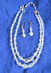 VTG AURORA BOREALIS CRYSTAL DOUBLE STRAND ADJUSTABLE CHOKER NECKLACE + EARRINGS