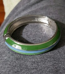 Vintage Blue Green Stripe Enamel Silver Tone Clamp Cuff Bangle Bracelet Clip On