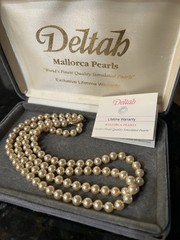 VINTAGE MALLORCA PEARL NECKLACE 14K G.F. CLASP 30 IN. 5MM PEARLS FROM DELTAH/BOX