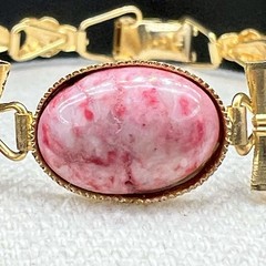Vintage Gold Tone Mottled Pink Confetti Cabochon Link Bracelet Retro Mid Century