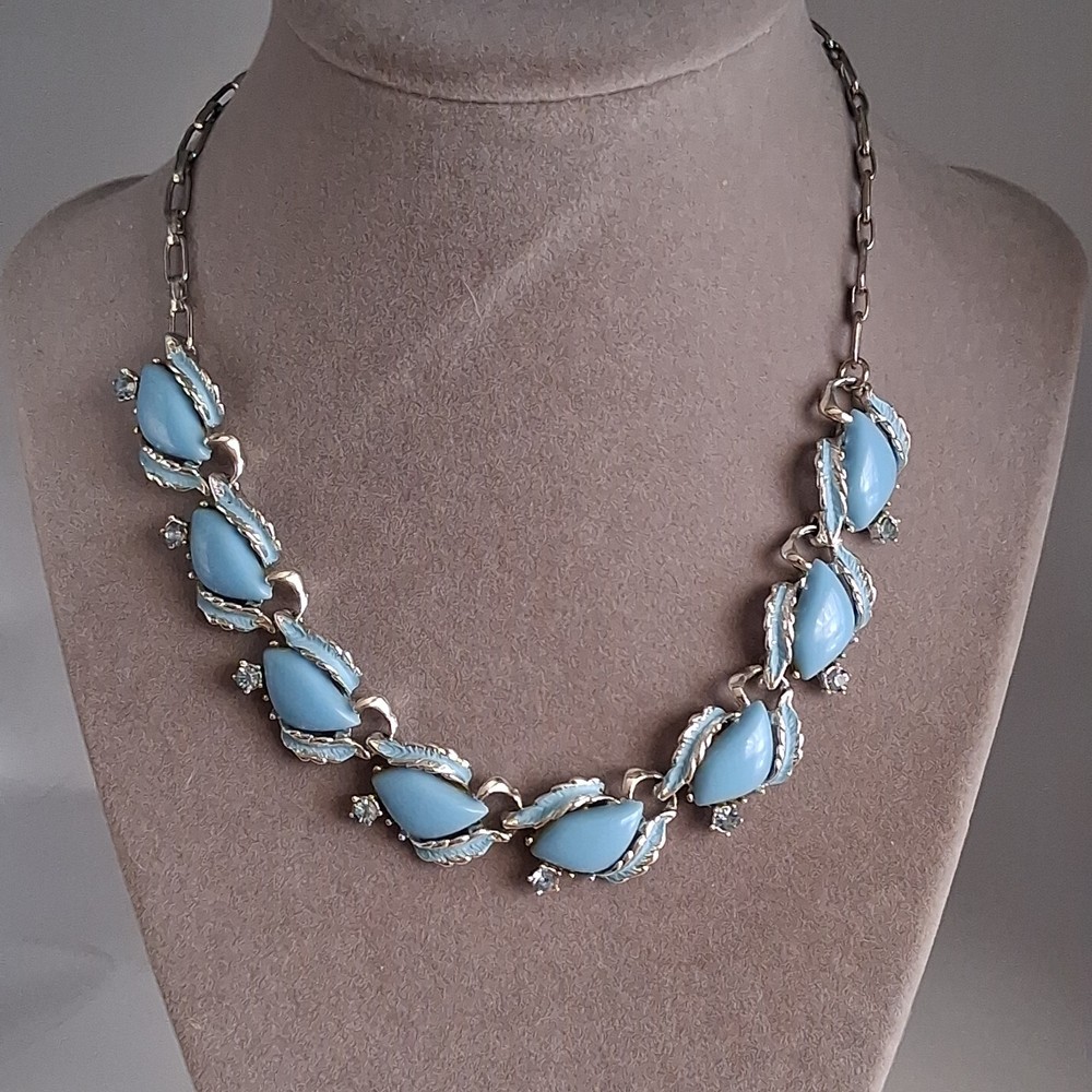 Vintage Necklace Blue Thermoset/Enamel Rhinestone Silver Tone Necklace 15”
