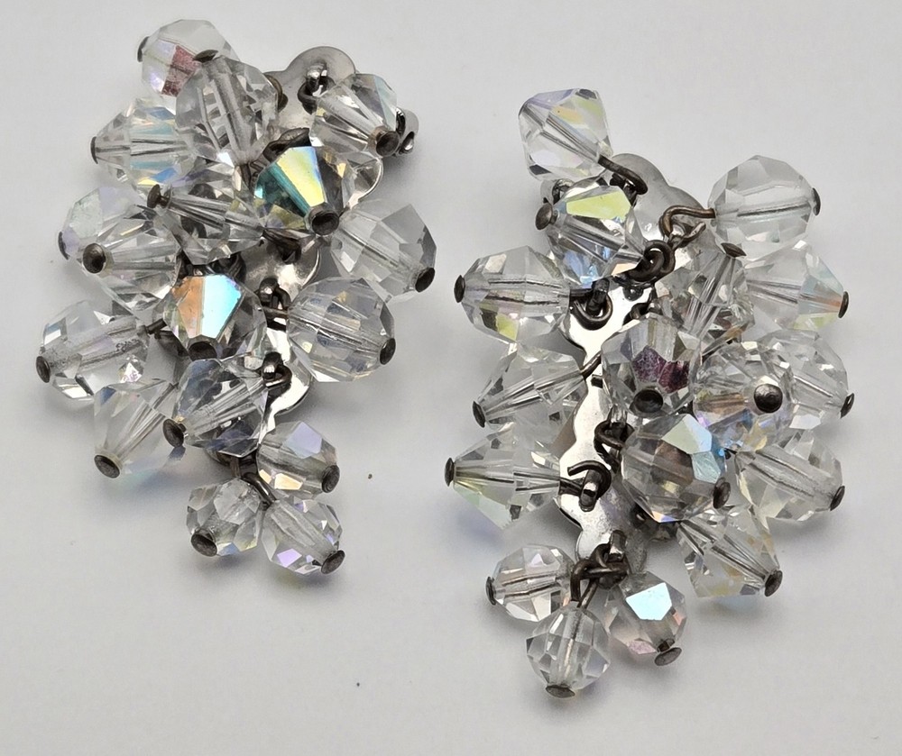 Vintage 1950s Aurora Borealis Crystal Cluster Clip-On Earrings
