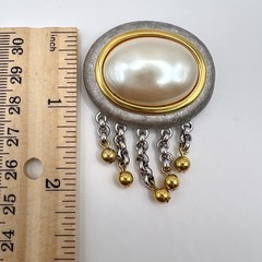 Vintage Monet Mixed Metal Faux Pearl Tassel Brooch Gold Silver Tone Pin