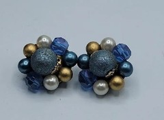 Vintage Cluster Beaded Clip On Earrings Blue Gold White Matte Shiny Beads
