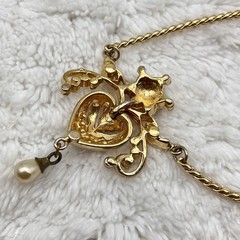 Vintage Puffy Heart Flower Necklace Orange Rhinestones Gold Tone Chain 15″