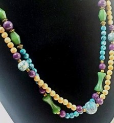 VTG 30″ Bohemian Artisan NECKLACE Stone & Glass Beaded Double-Strand 1980s