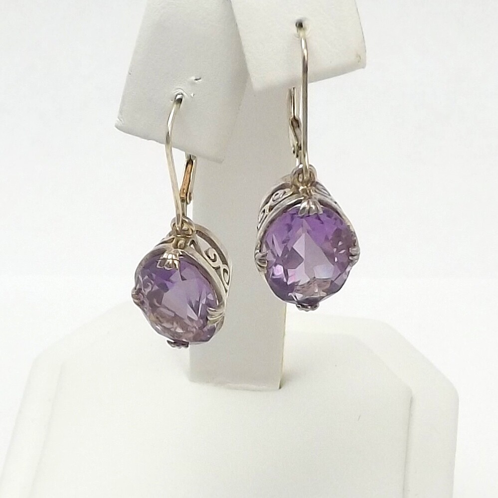 Sterling Silver Natural Light Purple Amethyst Leverback Dangle Earrings Vintage