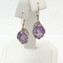 Sterling Silver Natural Light Purple Amethyst Leverback Dangle Earrings Vintage