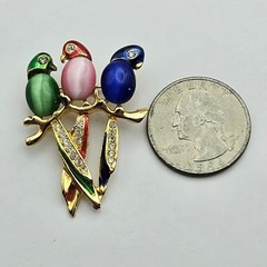 Parrot Jelly Belly Bird Brooch Rhinestone Cats Eye Cabochon Tropical Pin