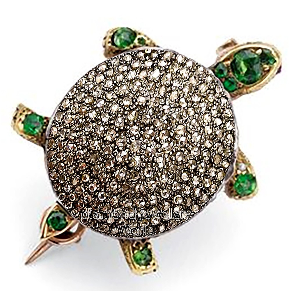 Stunning 2.90ctw Rose Cut Diamond Emerald Silver Vintage Turtle Brooch Jewelry