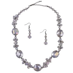 Vintage Womens Clear Crystal Bead Necklace & Earrings Set Adjustable Chain