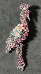 Vintage Pink Rhinestone Peacock Brooch/ Pin 3.75 Inches Silver Tone EUC