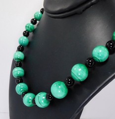 Vintage Malachite & Black Onyx Bead Necklace ~ 20″ ~ Chain Strung – Barrel Clasp