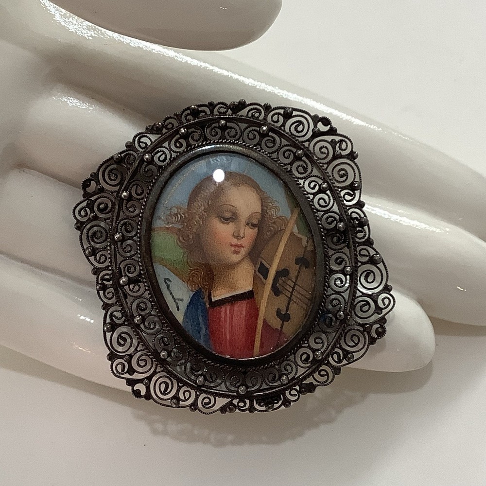 Antique European 800 Silver Filigree Madonna Mini Portrait Brooch Pin Pendant