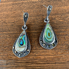 Vintage Earrings Sterling 925 Abalone Teardrop Dangle Pierced Marcasite READ