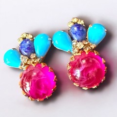 Scaasi Earrings Signed Poured Glass Clip On Pink Turquoise Vintage Statement