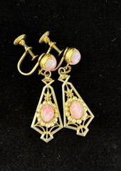 VTG Antique DECO PINK Cat’s Eye Glass Cabochon Filigree Drop Screw Back Earrings