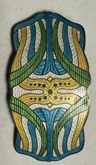 Gorgeous Antique Deco Large Sterling Blue Green White Yellow Enamel C-Clasp Pin