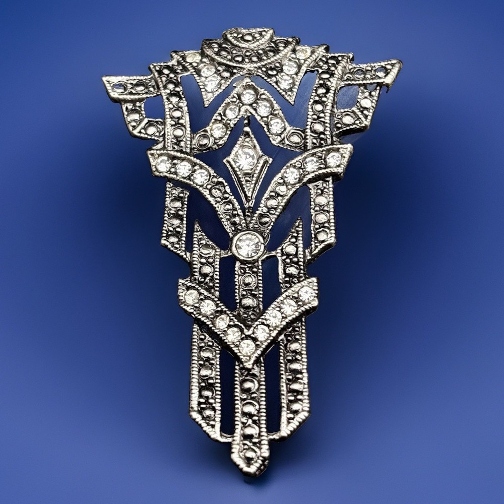 Vintage Art Deco Style Silver Tone Black Crystal Brooch Pin 1.75”