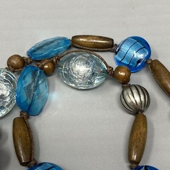 Beaded Necklace Blue Glass Fused Foil Acrylic Crackle Faceted Wood Metal 21″