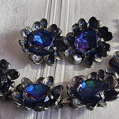 Signed Judy Lee Bracelet & Errings Blue Rhinestones Aurora Borealis Vintage
