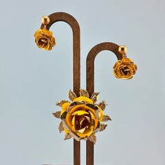 Vintage Yellow Enamel Flower Brooch Dangle Earrings Set Gold Tone Cabbage Rose