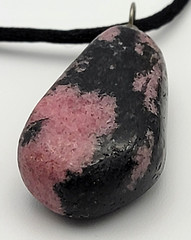 Vintage Rhodonite Stone Pendant Leather Cord Necklace 18 Inch Spring Ring Clasp
